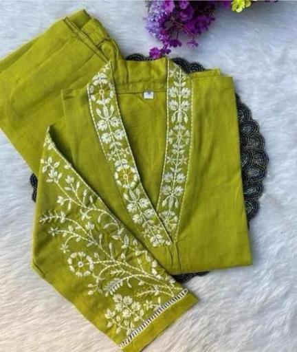Olive Green Cotton Kurti Set with White Embroidery for Women