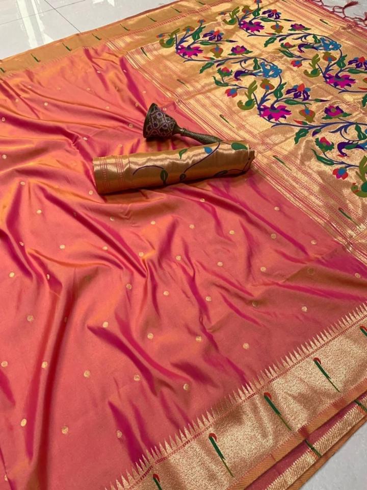 Muniya Paithni Silk Saree â Coral Pink & Golden Zari Elegance