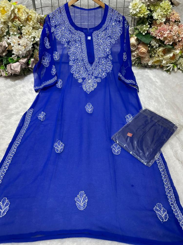 *Georgette Chikankari Hand Work Kurti With Matching Inner*
