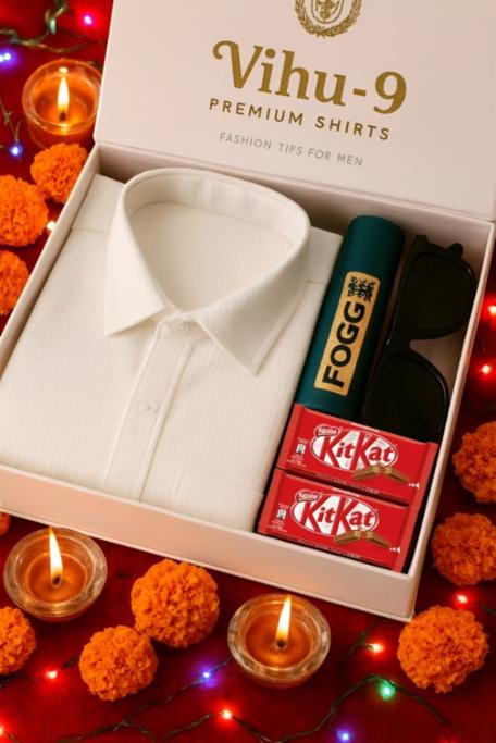 Vihu-9 Premium Festive Gift Box for Men | White Shirt, Sunglass, Fogg Perfume & KitKat | Perfect Navratri & Diwali Gift\n
