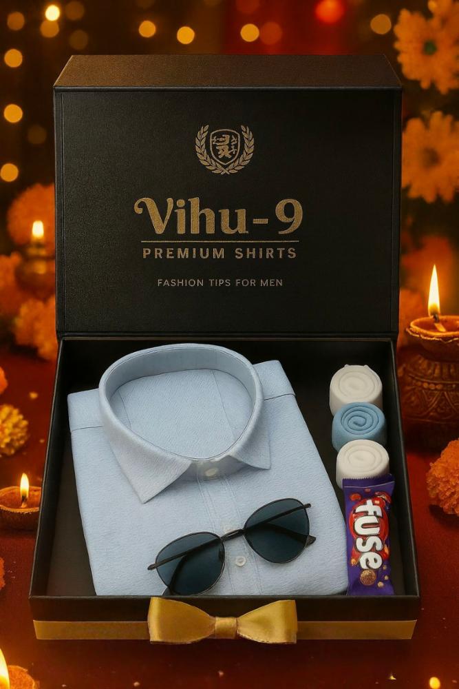 Vihu-9 Premium Gift Box for Men | Sky Blue Shirt, Sunglass, 3 Cotton Hanky & Fuse Chocolate | Navratri & Diwali Special\n