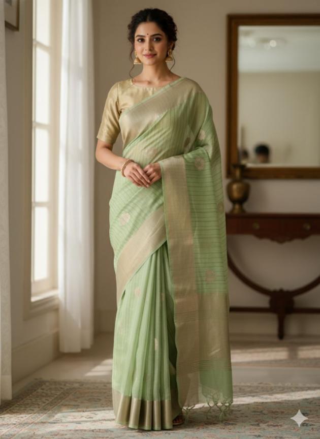 Mint Green Chanderi Gold Weaving Saree with Blouse Piece for Sarees