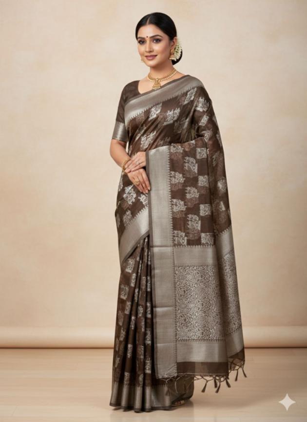 Elegant Brown Chanderi Silver Thread Saree with Blouse Piece