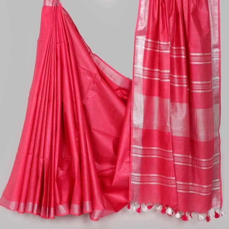 HANDLOOM PLUS Semi Linen Cotton Saree with Silver Zari Border (5.5m Saree with 1m Blouse Piece)
