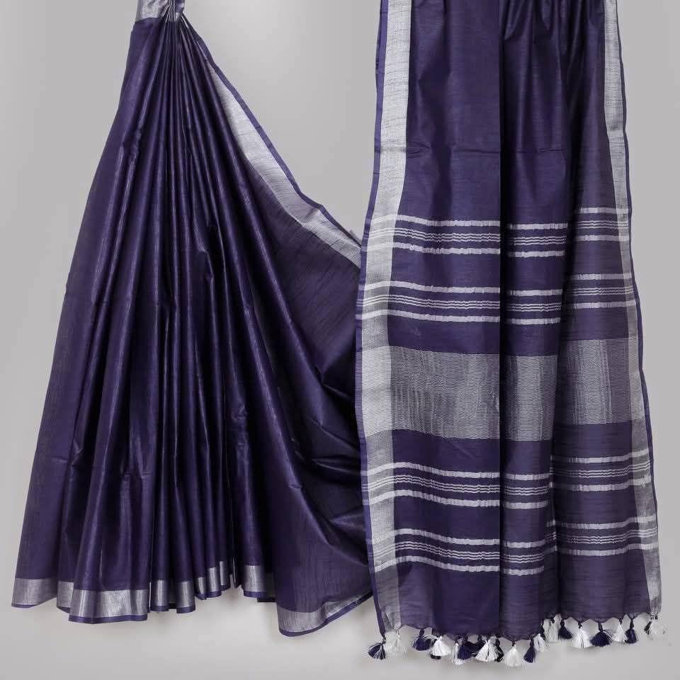 HANDLOOM PLUS Semi Linen Cotton Saree with Silver Zari Border (5.5m Saree with 1m Blouse Piece)