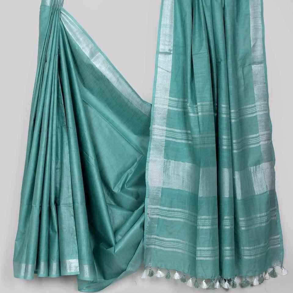 HANDLOOM PLUS Semi Linen Cotton Saree with Silver Zari Border (5.5m Saree with 1m Blouse Piece)\n
