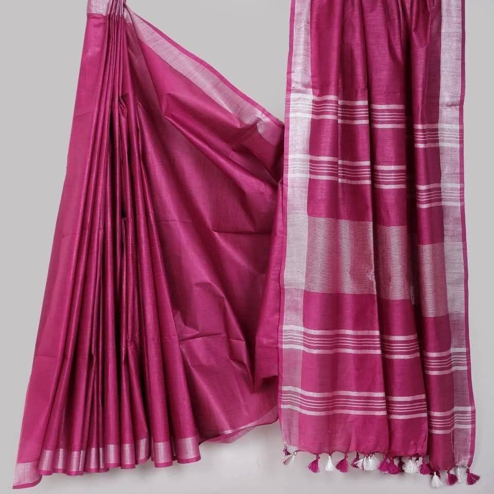 HANDLOOM PLUS Semi Linen Cotton Saree with Silver Zari Border (5.5m Saree with 1m Blouse Piece)\n