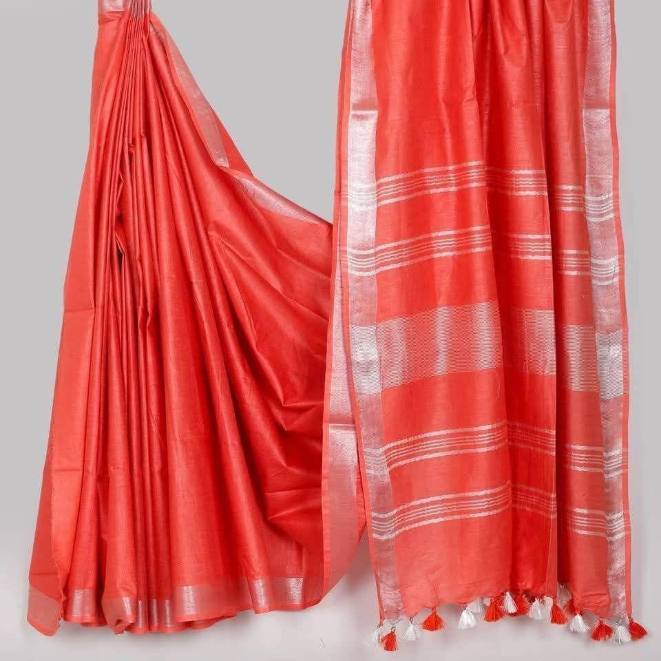 HANDLOOM PLUS Semi Linen Cotton Saree with Silver Zari Border (5.5m Saree with 1m Blouse Piece)