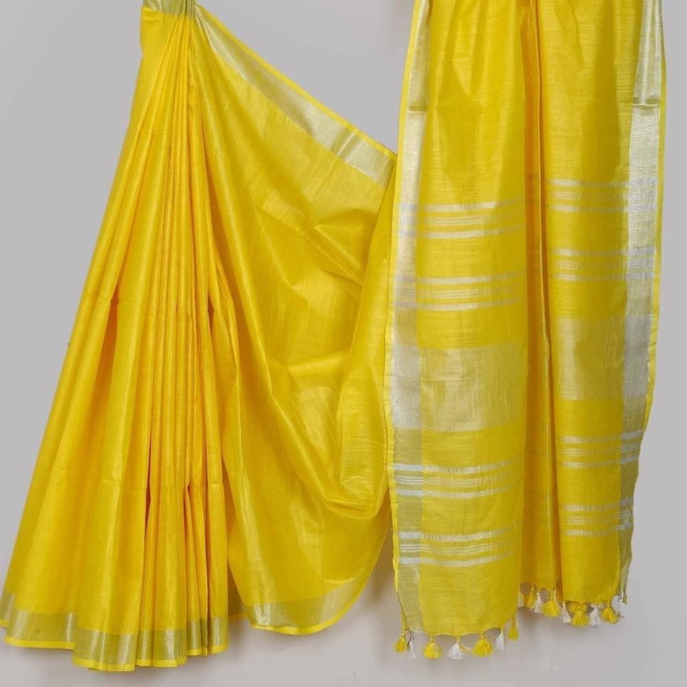HANDLOOM PLUS Semi Linen Cotton Saree with Silver Zari Border (5.5m Saree with 1m Blouse Piece)