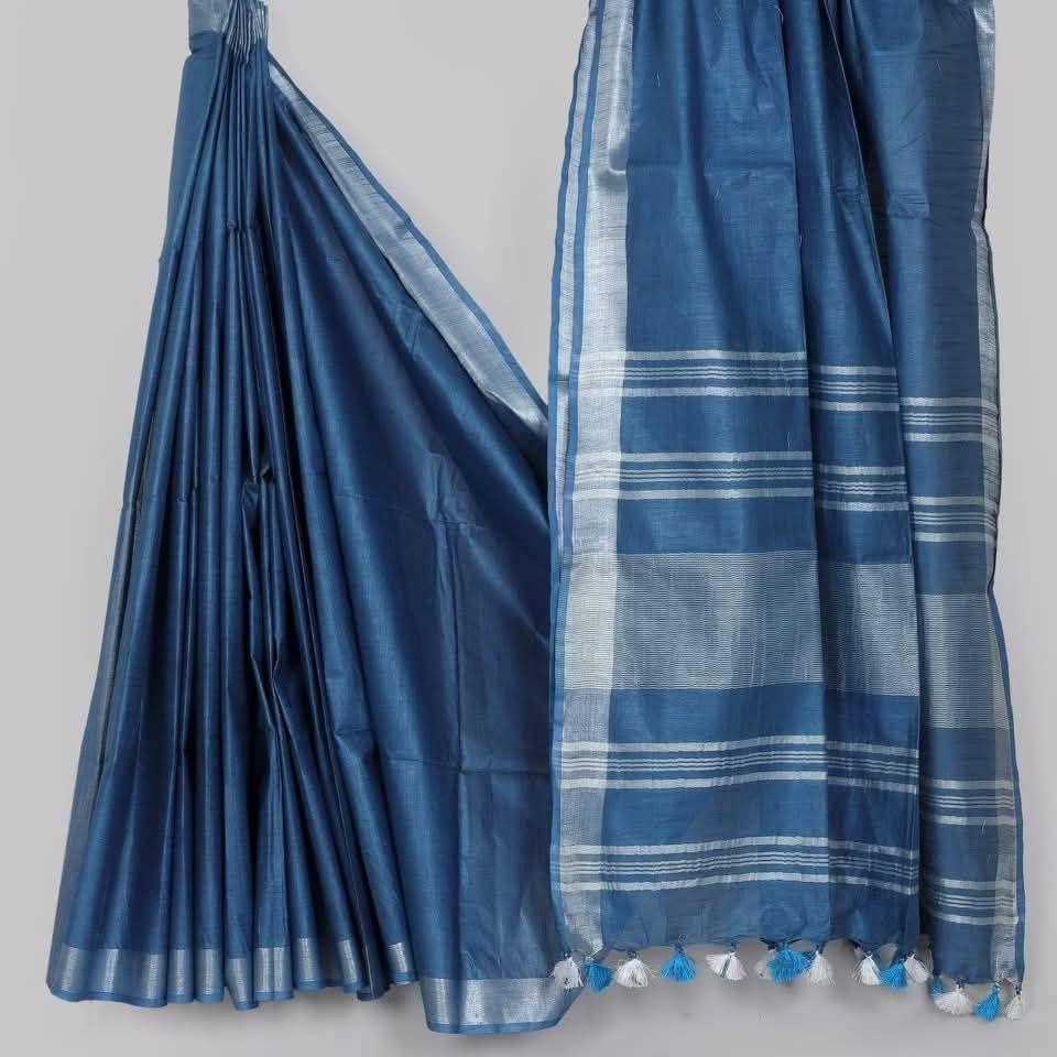 HANDLOOM PLUS Semi Linen Cotton Saree with Silver Zari Border (5.5m Saree with 1m Blouse Piece)