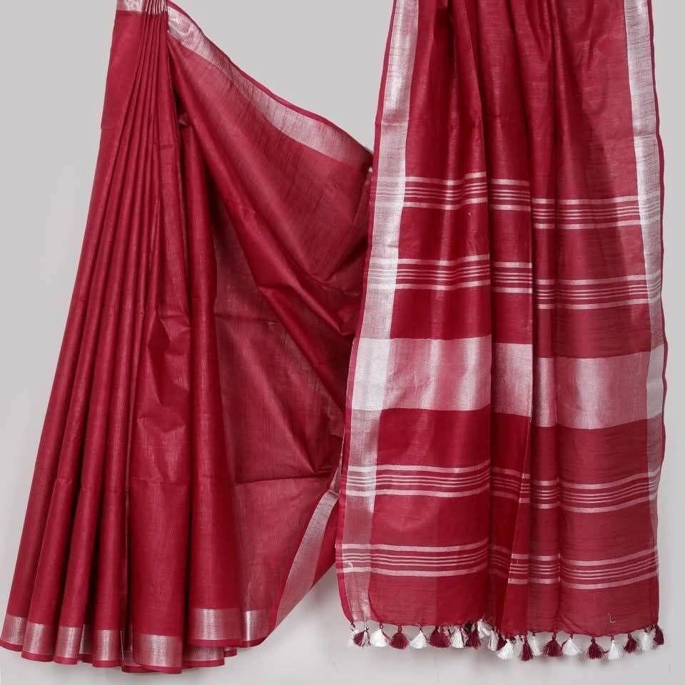 HANDLOOM PLUS Semi Linen Cotton Saree with Silver Zari Border (5.5m Saree with 1m Blouse Piece)