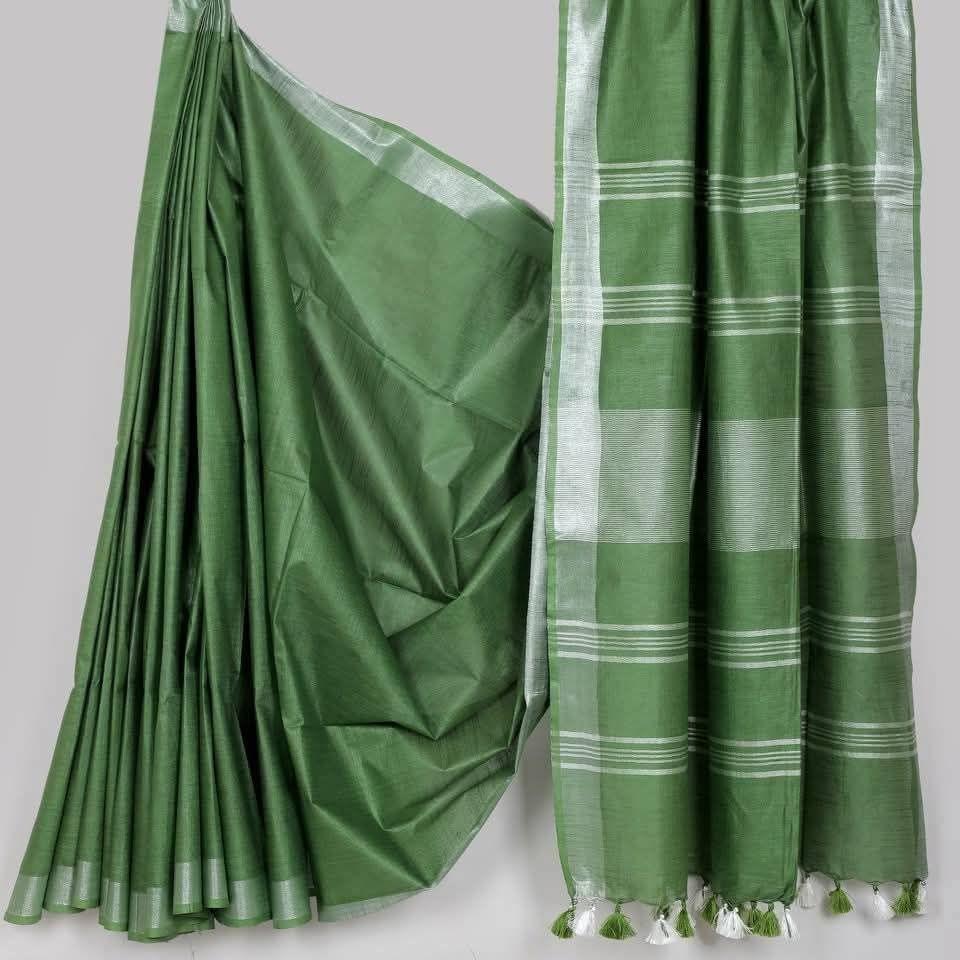 HANDLOOM PLUS Semi Linen Cotton Saree with Silver Zari Border (5.5m Saree with 1m Blouse Piece)
