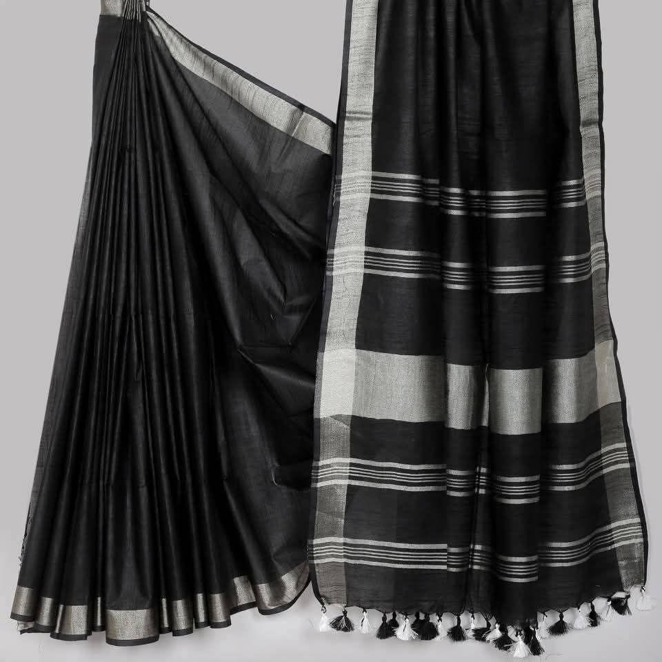HANDLOOM PLUS Semi Linen Cotton Saree with Silver Zari Border (5.5m Saree with 1m Blouse Piece)