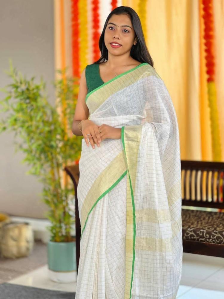 Handloom Plus Semi Linen Cotton Saree with Golden Zari Weaving and Border, Blouse Piece Included