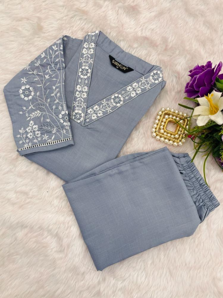 Cotton Floral Embroidery Kurti and Pant Set for Women, Sizes XXS-4XL