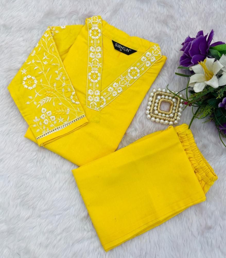 Yellow Cotton Floral Embroidery Kurti with Pants - All Sizes
