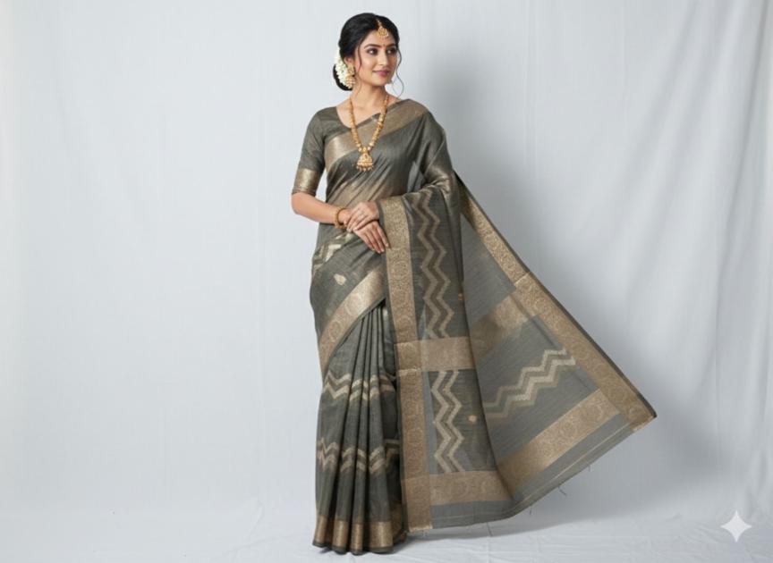 Women Grey Chanderi Thread Woven Geometric Saree with Blouse Piece