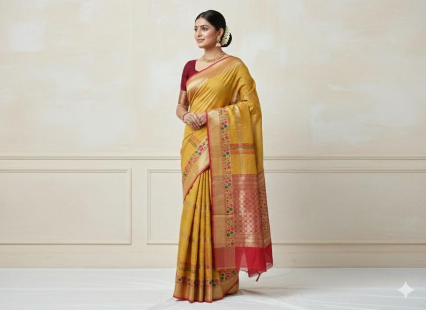 Soft Chanderi Thread Woven Saree with Contrast Border and Jacquard Blouse