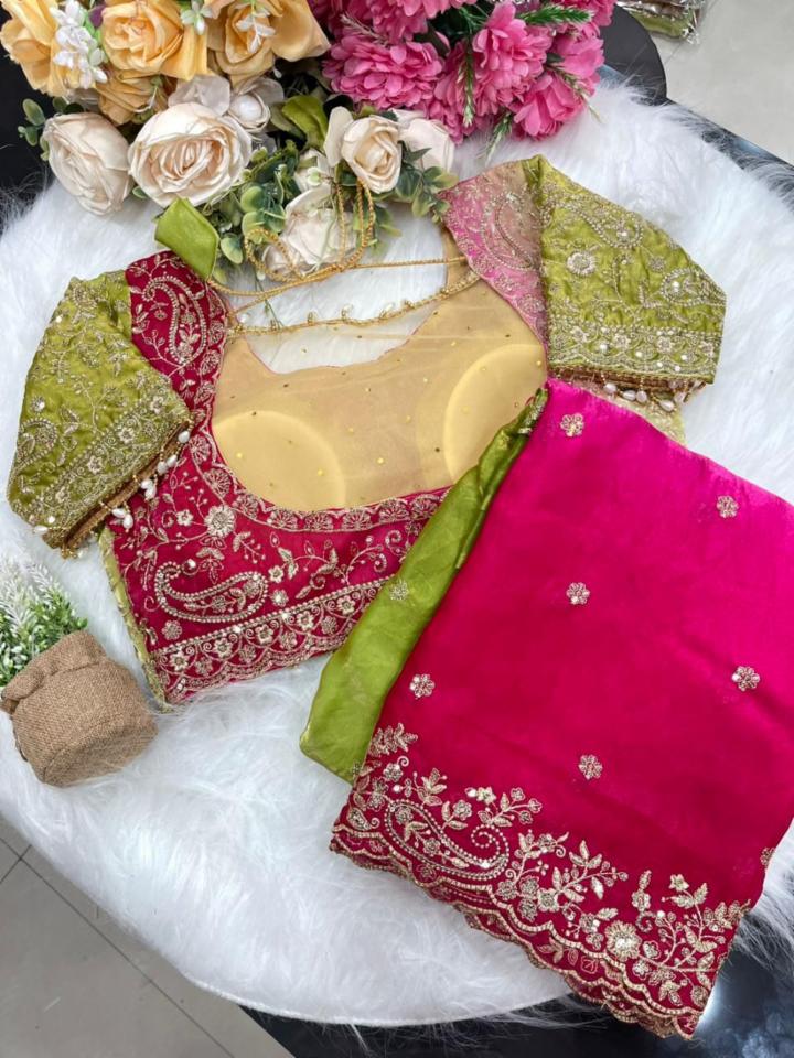 Party Wear Fandy Satin Embroidered Saree with Heavy Border