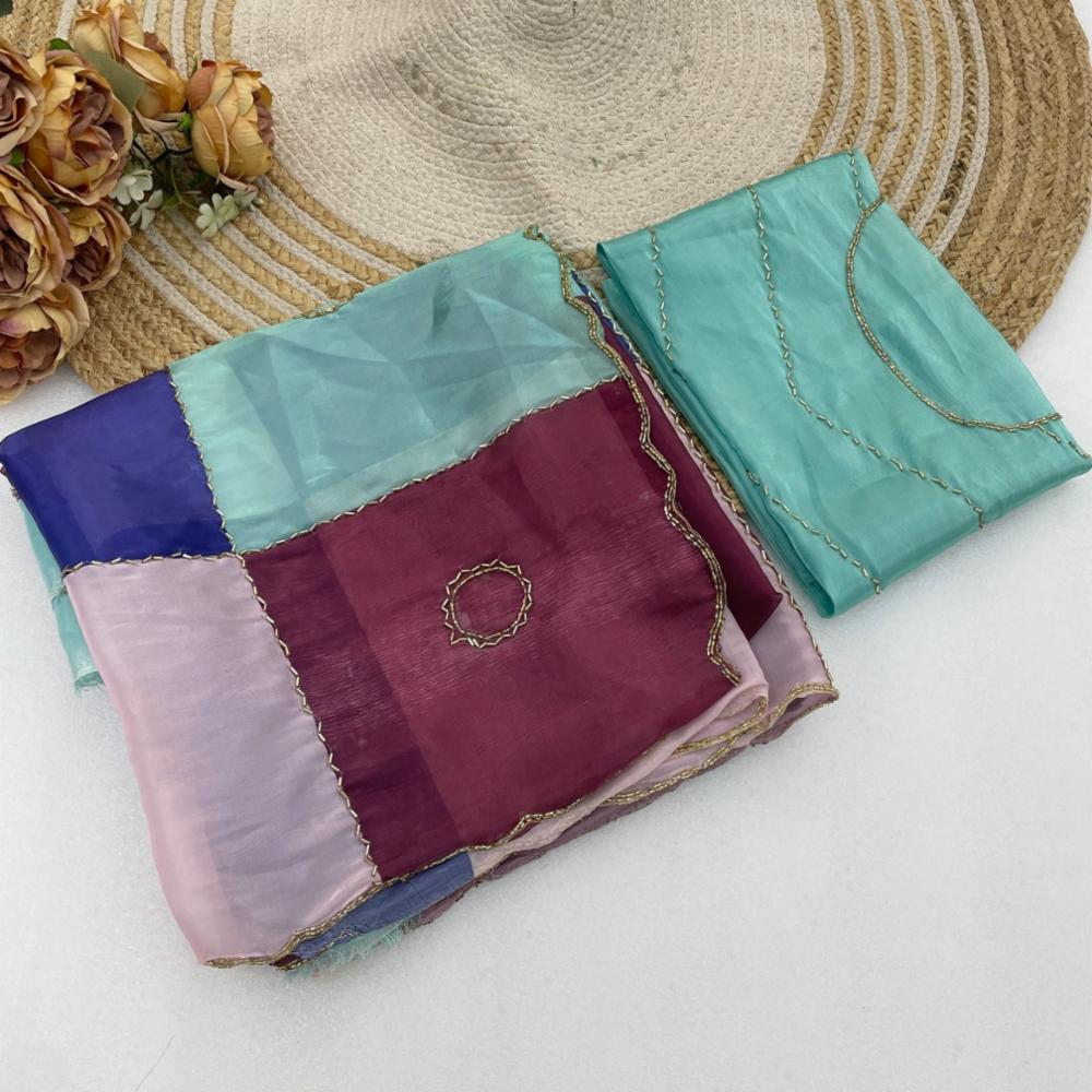Party Wear Space Silk Saree with Multi Prints and Beads Border