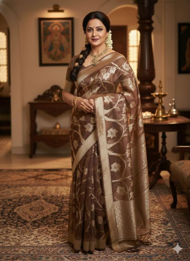 Soft silk brown ethnic saree with thread woven design