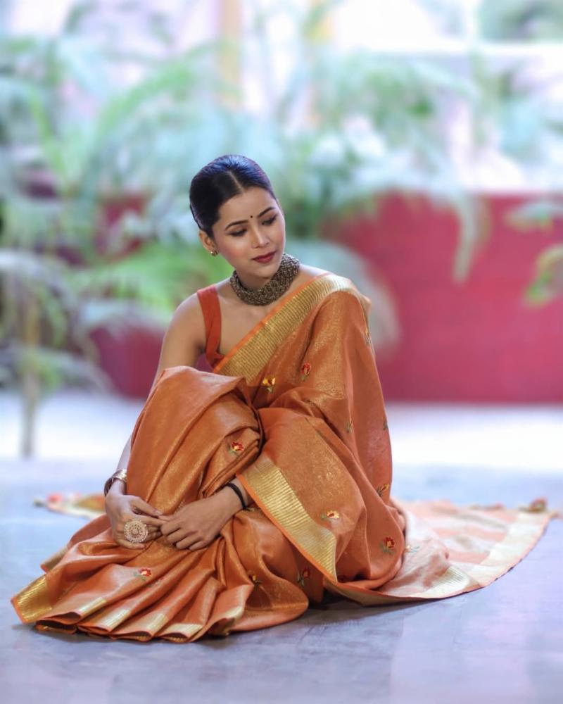 Bhagalpur Handloom Linen Tissue Silk Saree with Embroidery and Zari Border