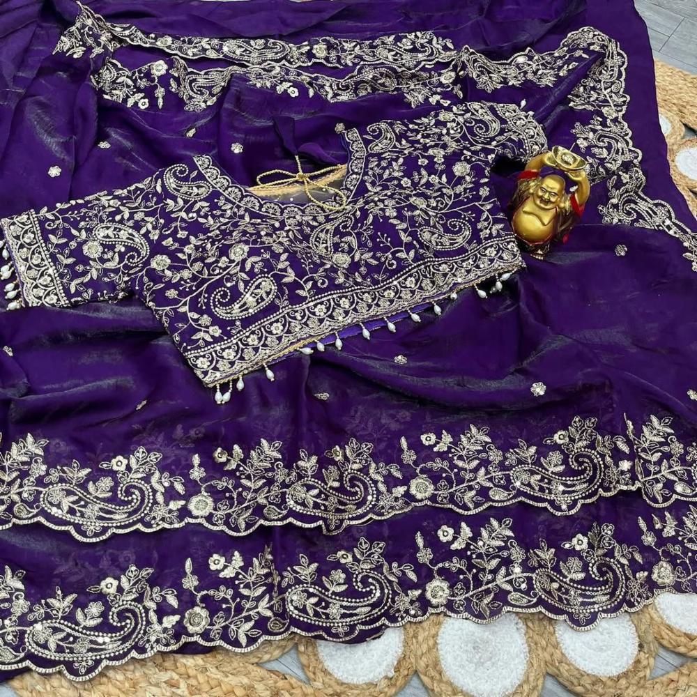 Tranding Fendy Chiffon Saree with two Ton Coding Sequence & Embroidery!