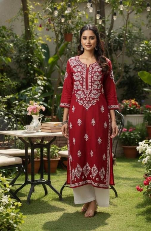 Slub Cotton Chikankari Kurti with White Thread Embroidery