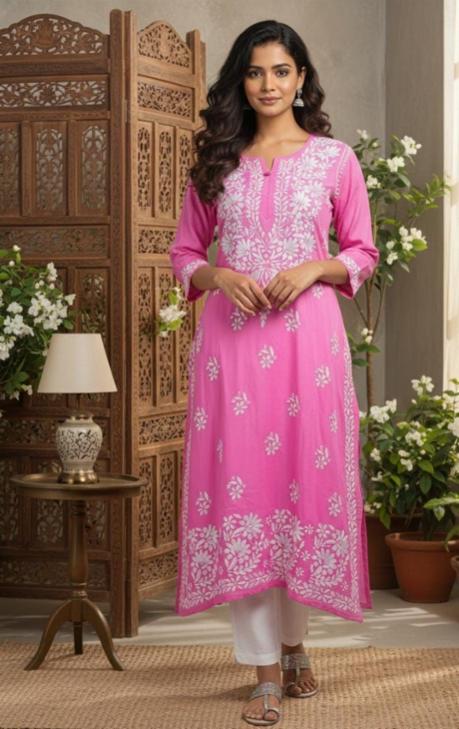 Rani Pink Chikankari Rayon Kurti with White Embroidery