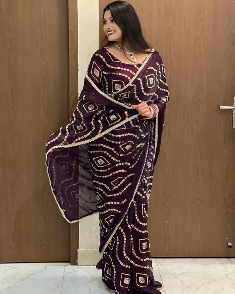 Party Wear Fandy Satin Silk Handwork Saree with Fancy Lace Border