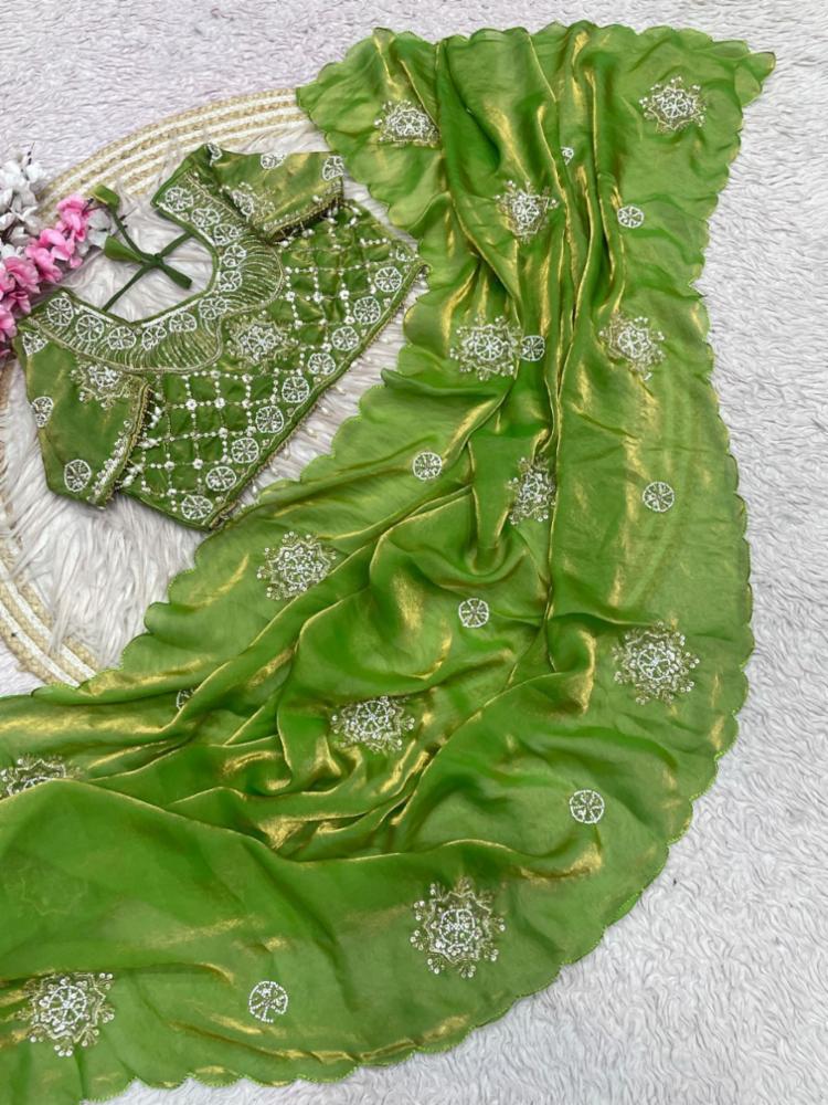 Fandy Satin Silk Handwork Saree with Cutwork Border and Handwork Blouse