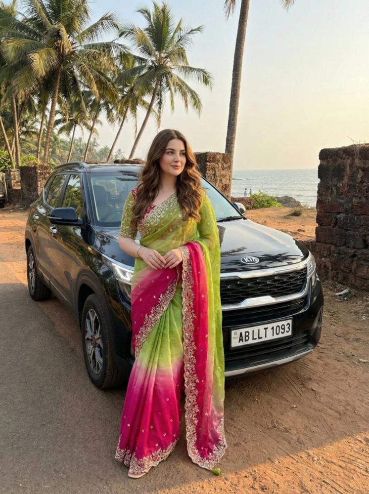 Very soft fendy sartin embroidery saree with stitched blouse
