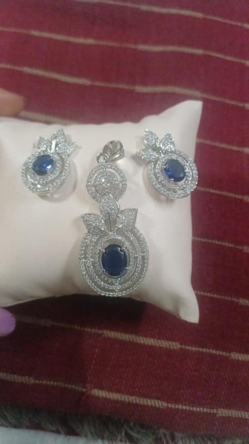 Royal Blue Sapphire Necklace and Earring Set with Silver Finish