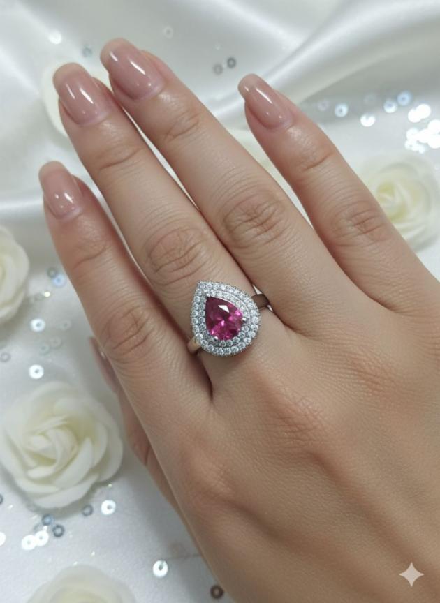 Pink Gemstone Double Halo Silver Ring, Pear Cut, One Size