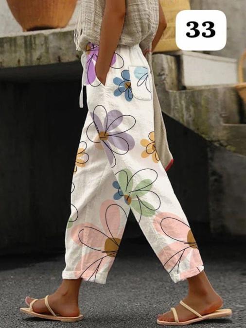 Geometric Print Semi Linen Harem Pants with Pockets