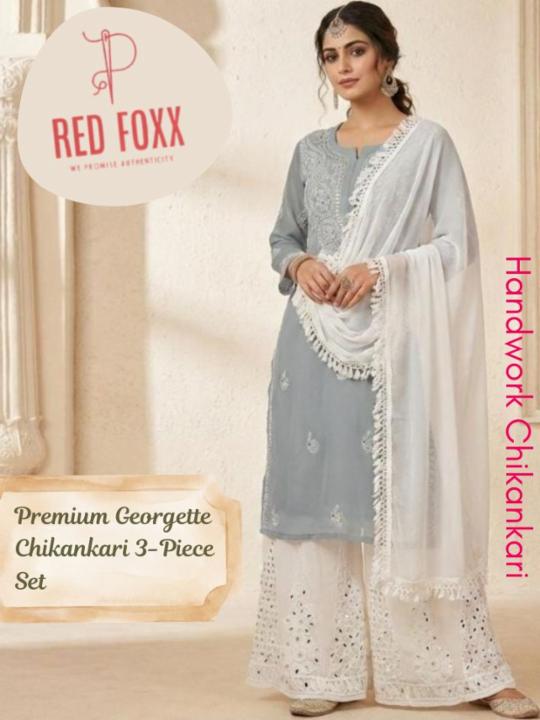 Premium Georgette Chikankari 3-Piece Kurta Set with Palazzo and Dupatta