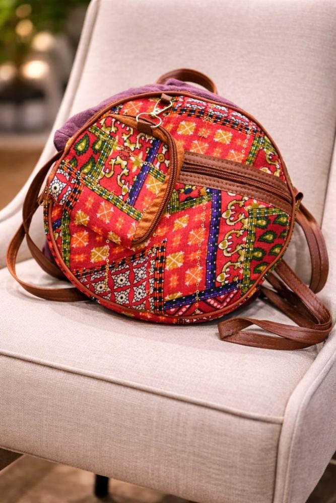 Handcrafted Ethnic Printed Fabric Sling Bag with Coin Pouch, Brown Strap, Free Size