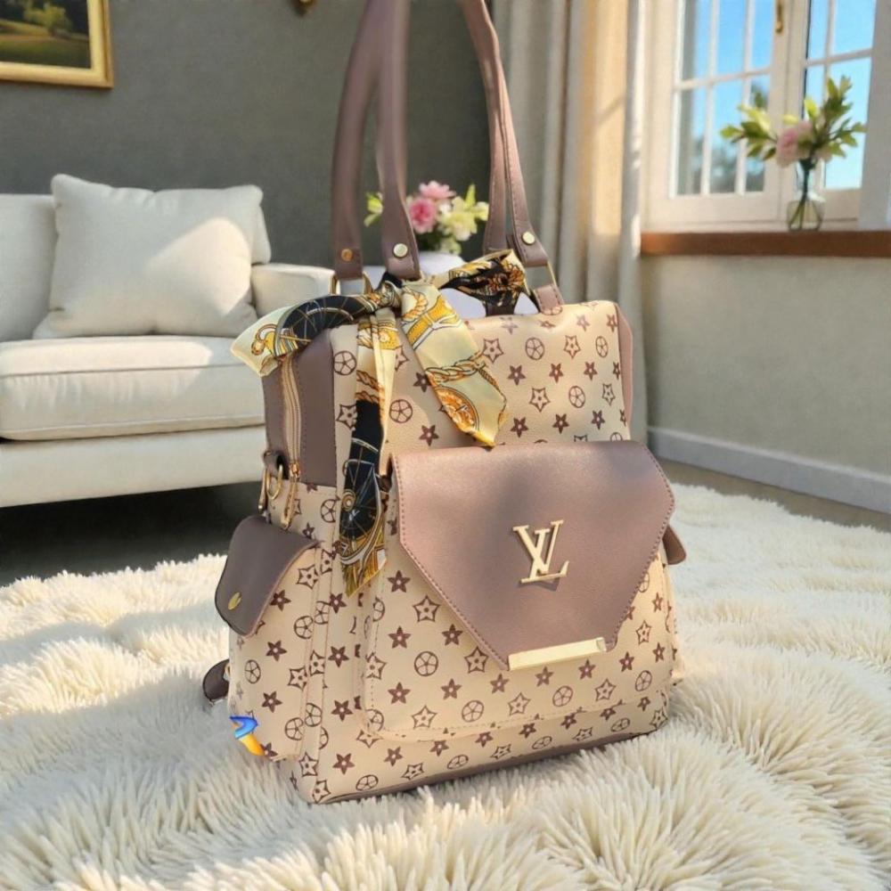 Big Size PU Leather LV 2 in 1 Backpack and Bag with Scarf, Side Pockets, and Multiple Zippers