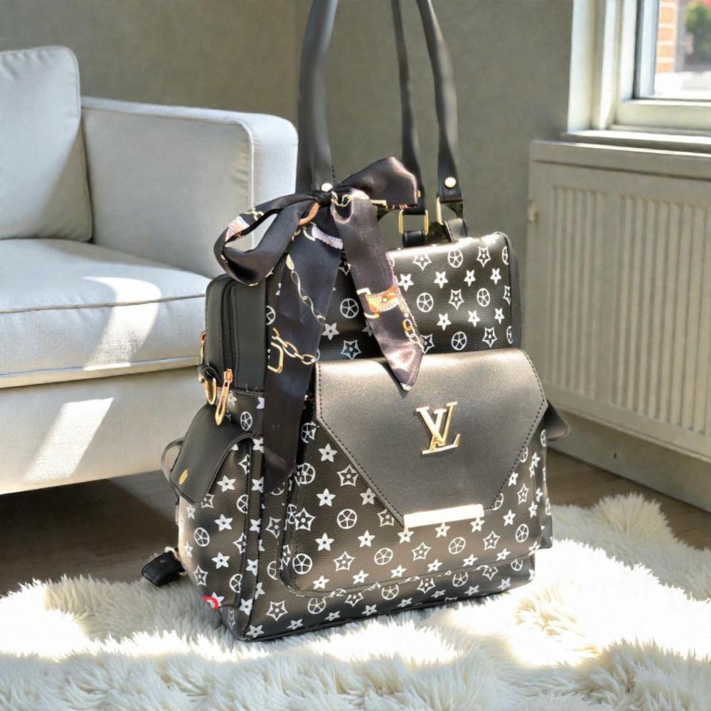 Big Size 2-in-1 LV Model PU Leather Backpack with Scarf and Multiple Pockets