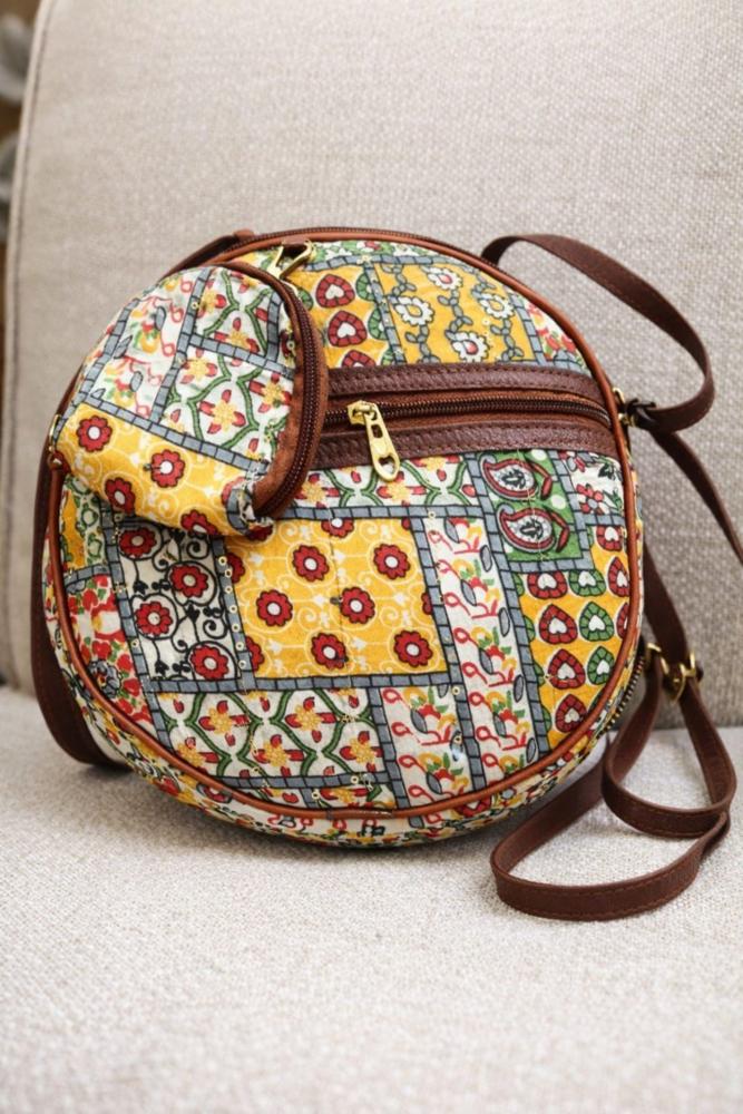 Fabric Printed Ladies Sling Bag with Ethnic Patterns, Brown Strap, Free Size