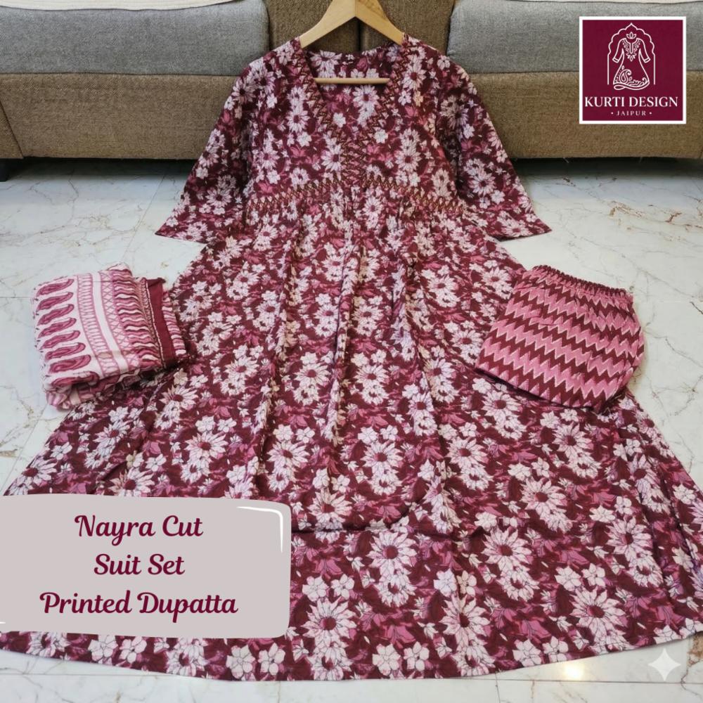 Cotton Nayra Cut Kurta Set with Pant and Dupatta