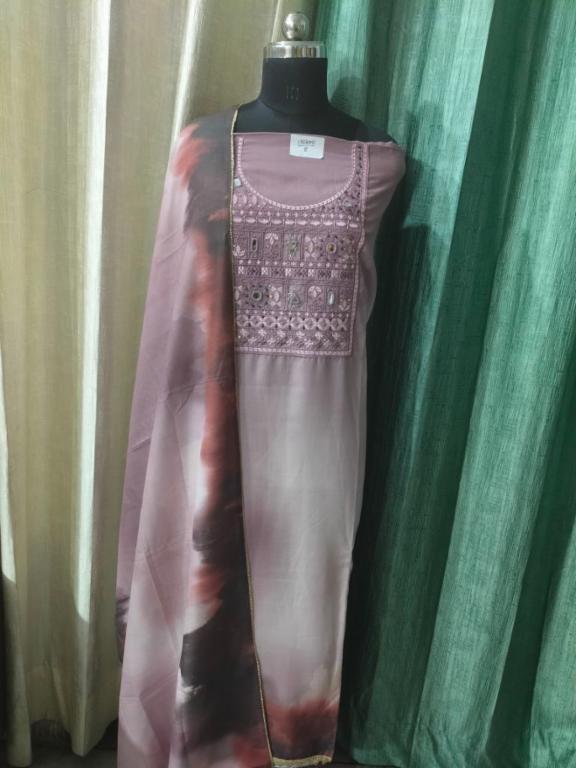 Cotton Tie and Dye Unstitched Suit with Mirror Work Neck