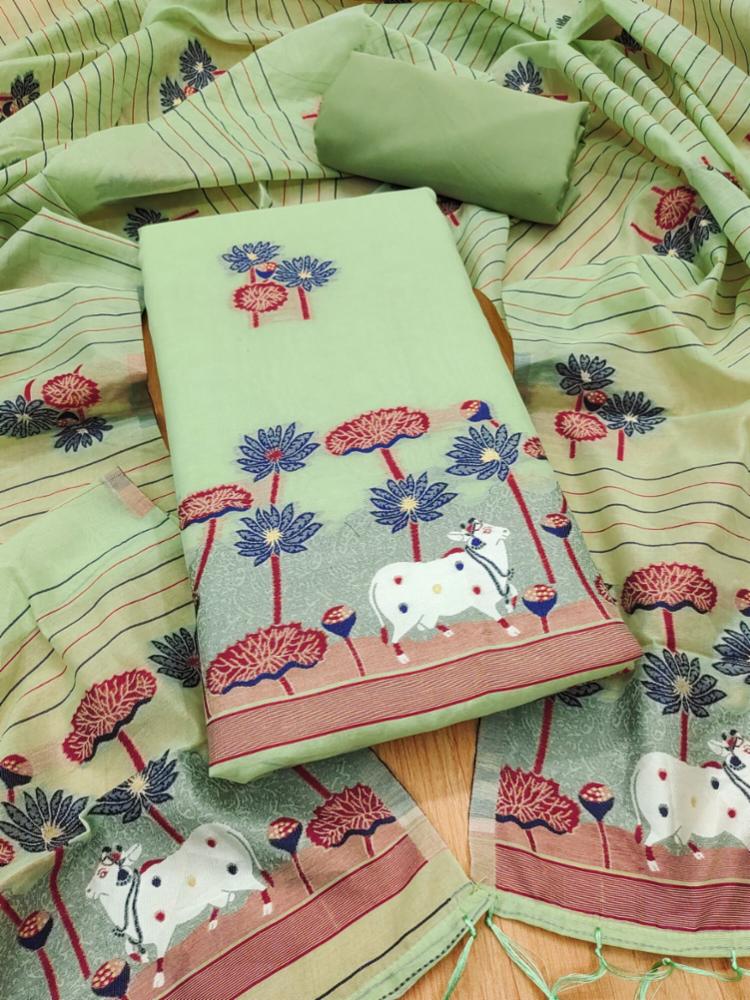 Muga Cotton 3 Piece Jamdani Banarasi Salwar Suit Dress Material with Weaving