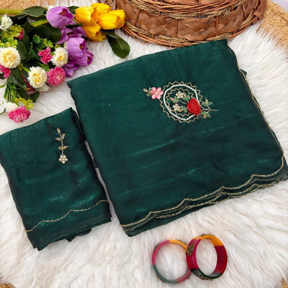 Soft Fandy Satin Saree with Khatli Handwork and Arco Border