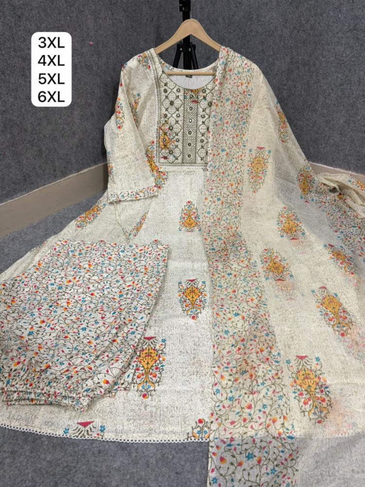 Jaipuri Cotton Anarkali Kurti Pant Dupatta Set (Sizes 46-52)