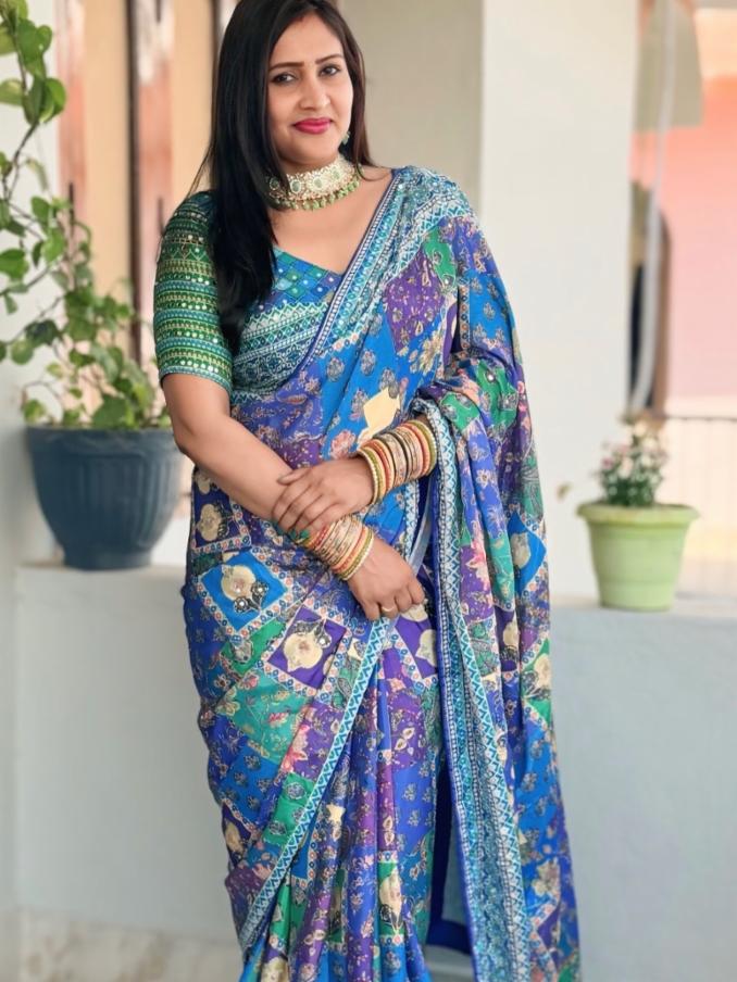 Soft Chinnon Mirror Work Saree with Gold Zari and Printed Blouse!