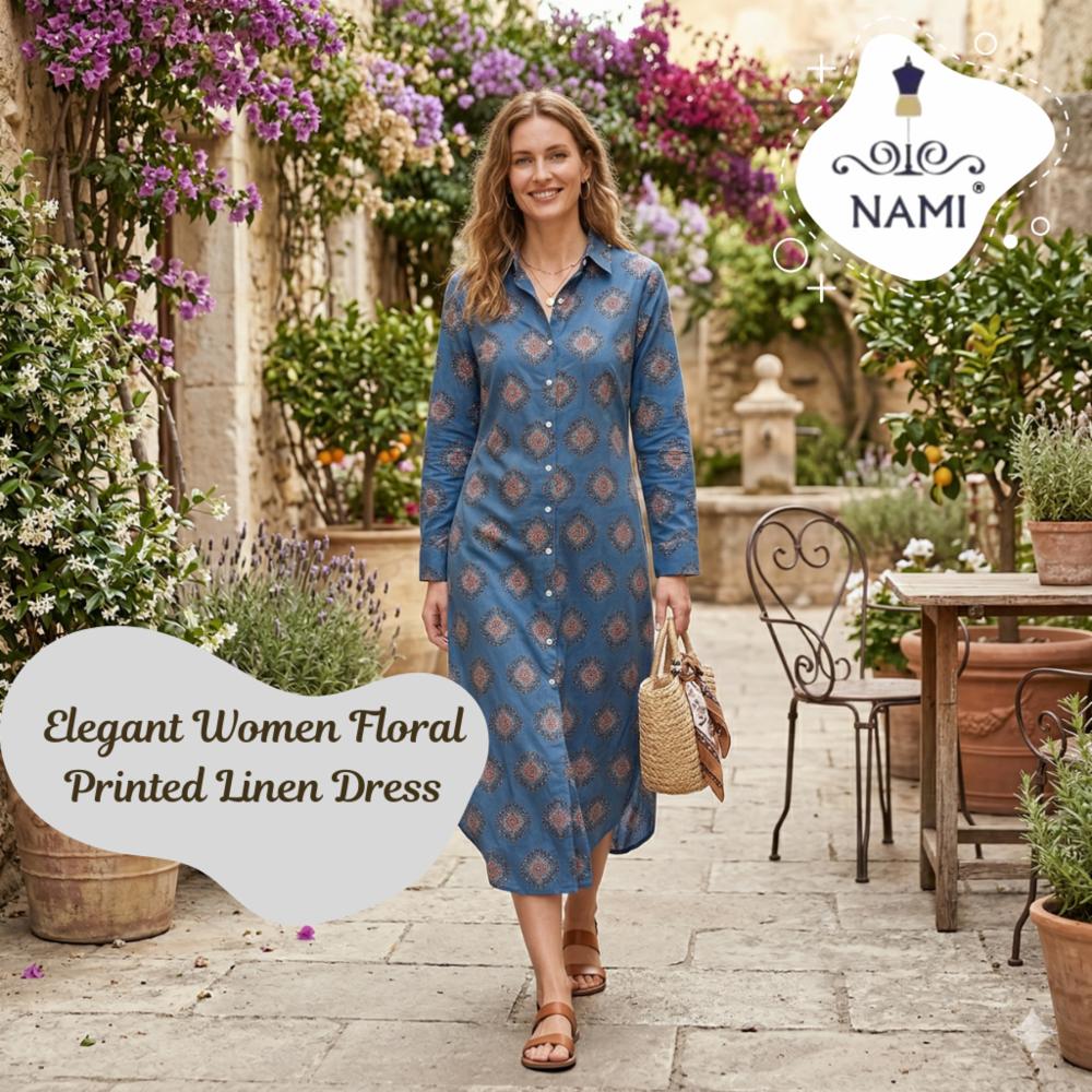Linen Blend Floral Shirt Dress for Women