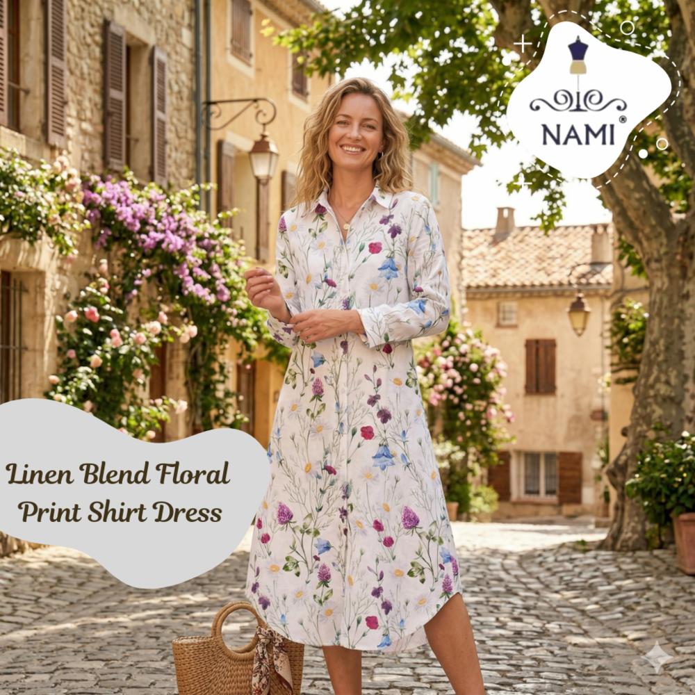 Linen Blend Floral Print Shirt Dress