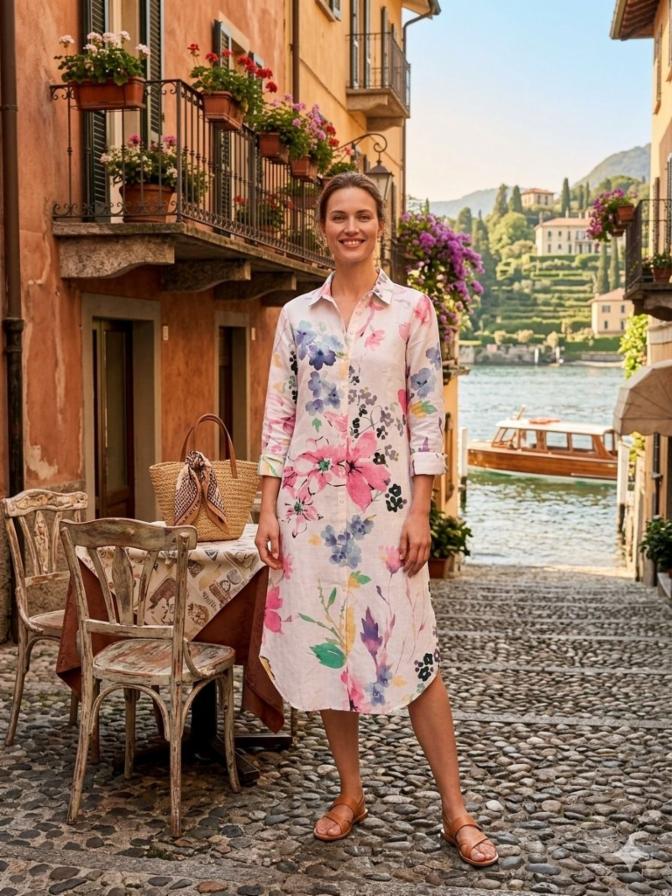 Linen Blend Floral Printed Dress 