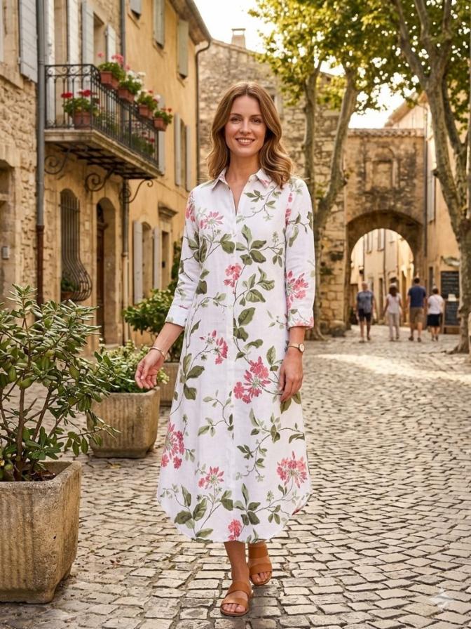 Linen Blend Floral Print Shirt Dress